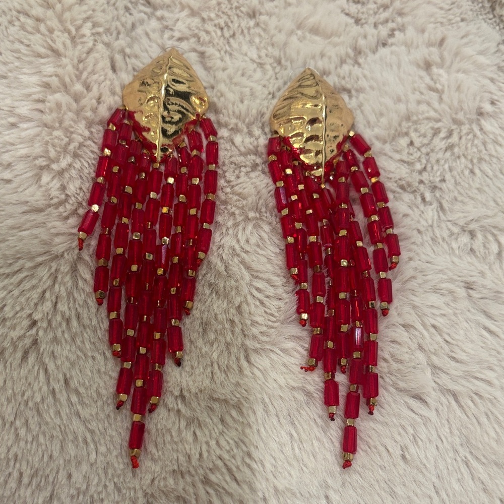 Elegant Gold and Red Beaded Earrings